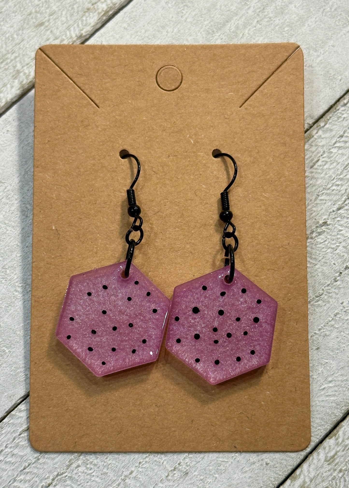 Pink Resin Earrings with Black Polka Dots