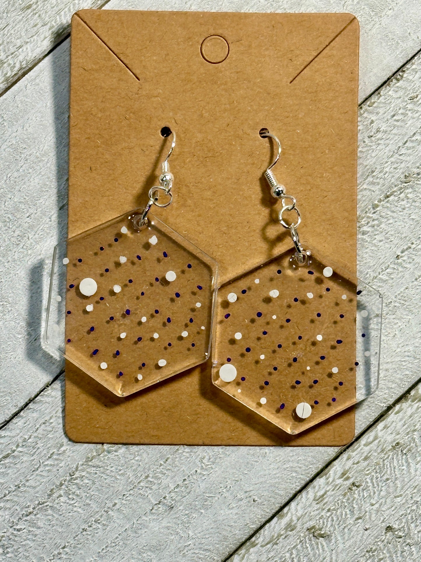 Clear Earrings with Purple and White Polka Dots