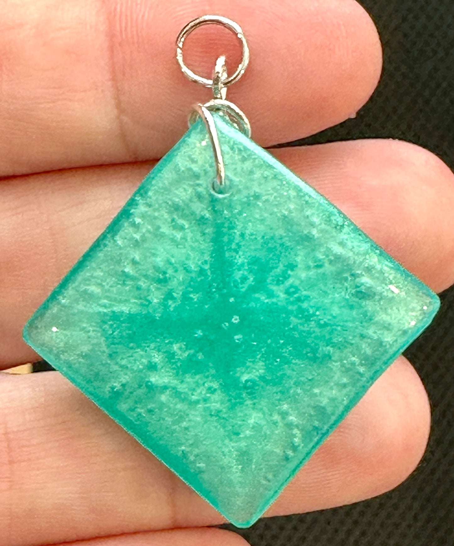 Custom Teal Green Square with Hand Coiled Silver Wire Pendant