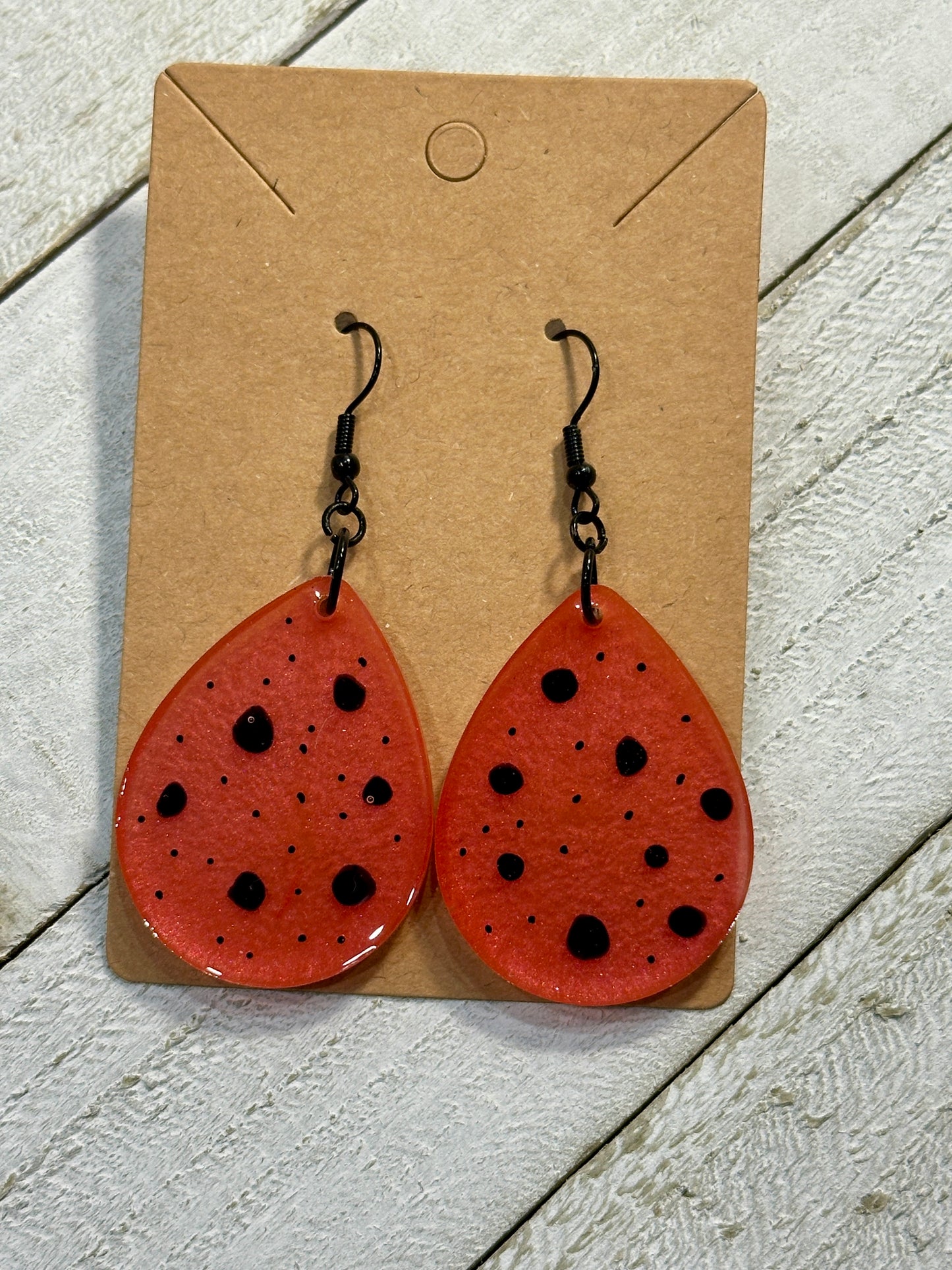 Vibrant Pink Teardrop Earrings with Black Polka Dots
