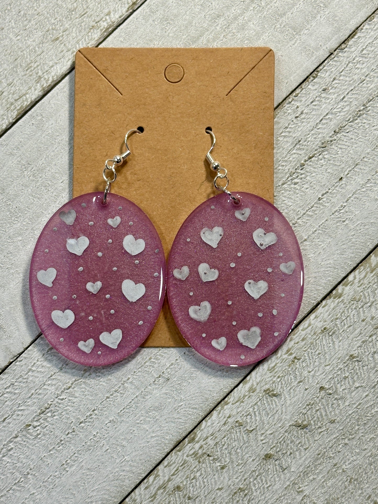 Pink Oval Earrings with Silver Hearts