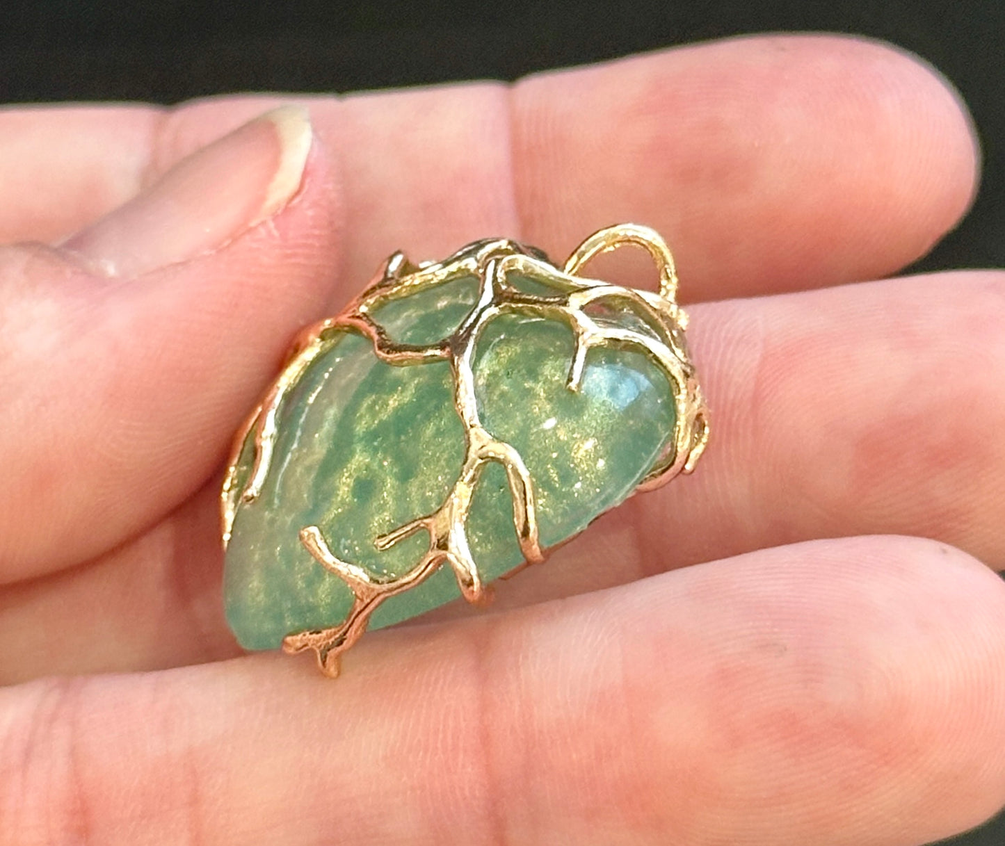 Custom Wire Wrapped Gold Infused Green Heart Pendant