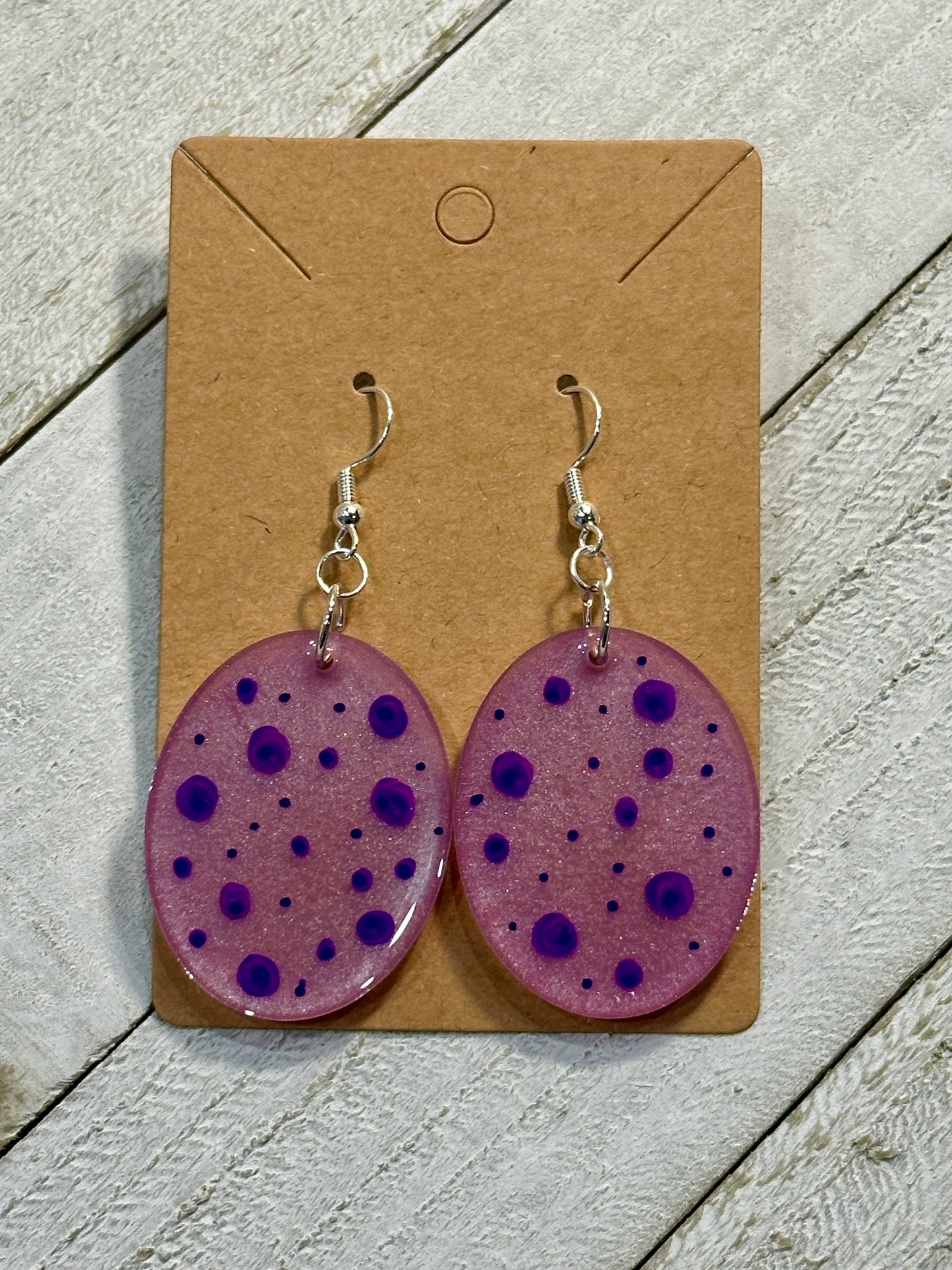 Pink Oval Earrings with Purple Polka Dots