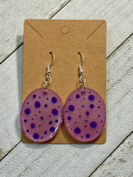 Pink Oval Earrings with Purple Polka Dots